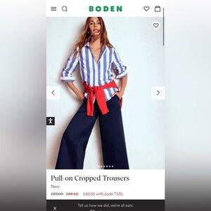 Boden Navy Wide-Leg Cropped Trousers